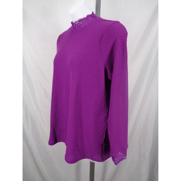 LOGO Lori Goldstein Purple Metallic Waffle Knit Mock Neck Top Lace Sz Large New - Picture 4 of 15